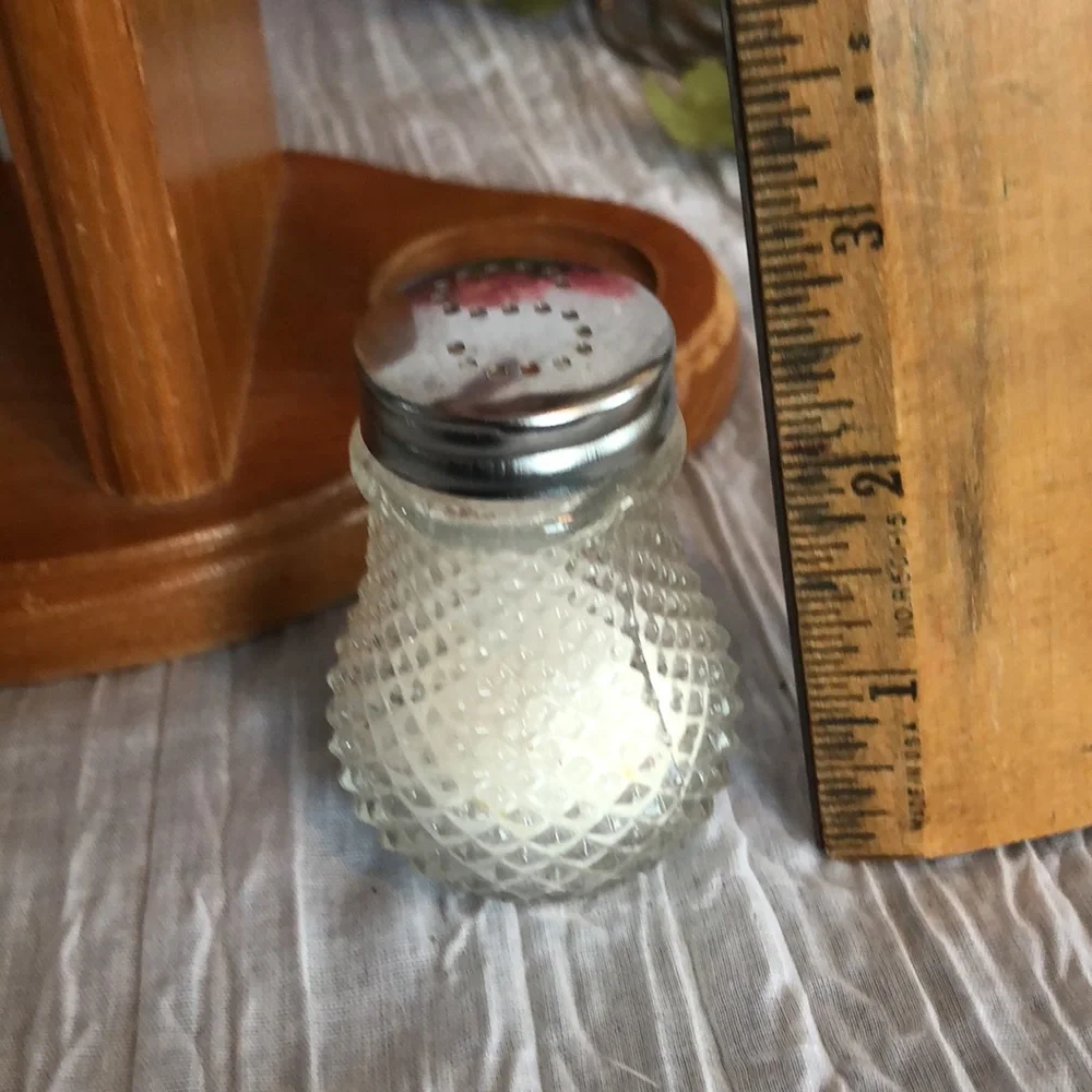 Vintage 1960s Salt & Pepper Shakers Cut Glass Beveled & Pfalzgraff napkin holder